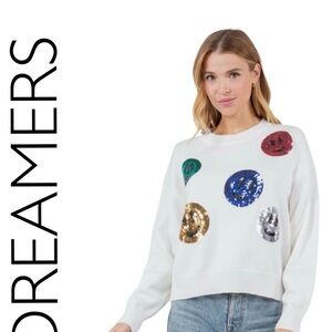 Dreamers White Sweater with Colorful Sequin Smiley Emoji Faces NWT